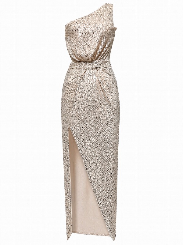 【新品DRESS 1352】総スパンコールサイドウエストカットワンショルタイトロングドレス ゴールド